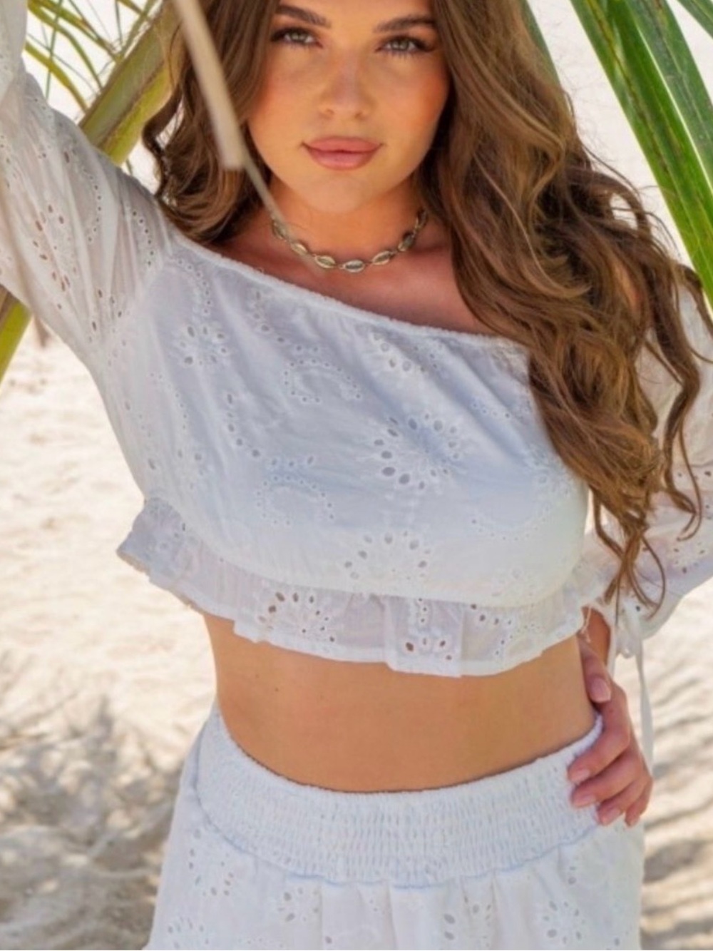Women’s White Eyelet Off-Shoulder Crop Top